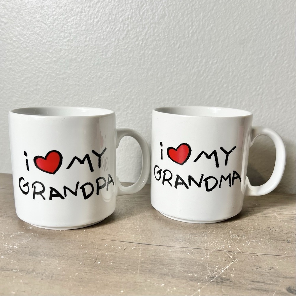 Vintage Russ Berrie I Love My Grandma Grandpa‎ Mugs Set of 2 Korea Red Heart